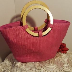 Purse Straw Wooden Handle Pink Bag